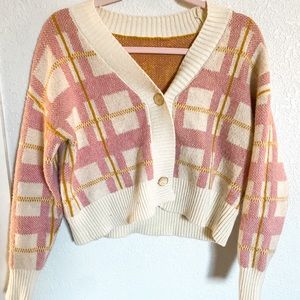 Pink and gold Plaid Knit cardigan